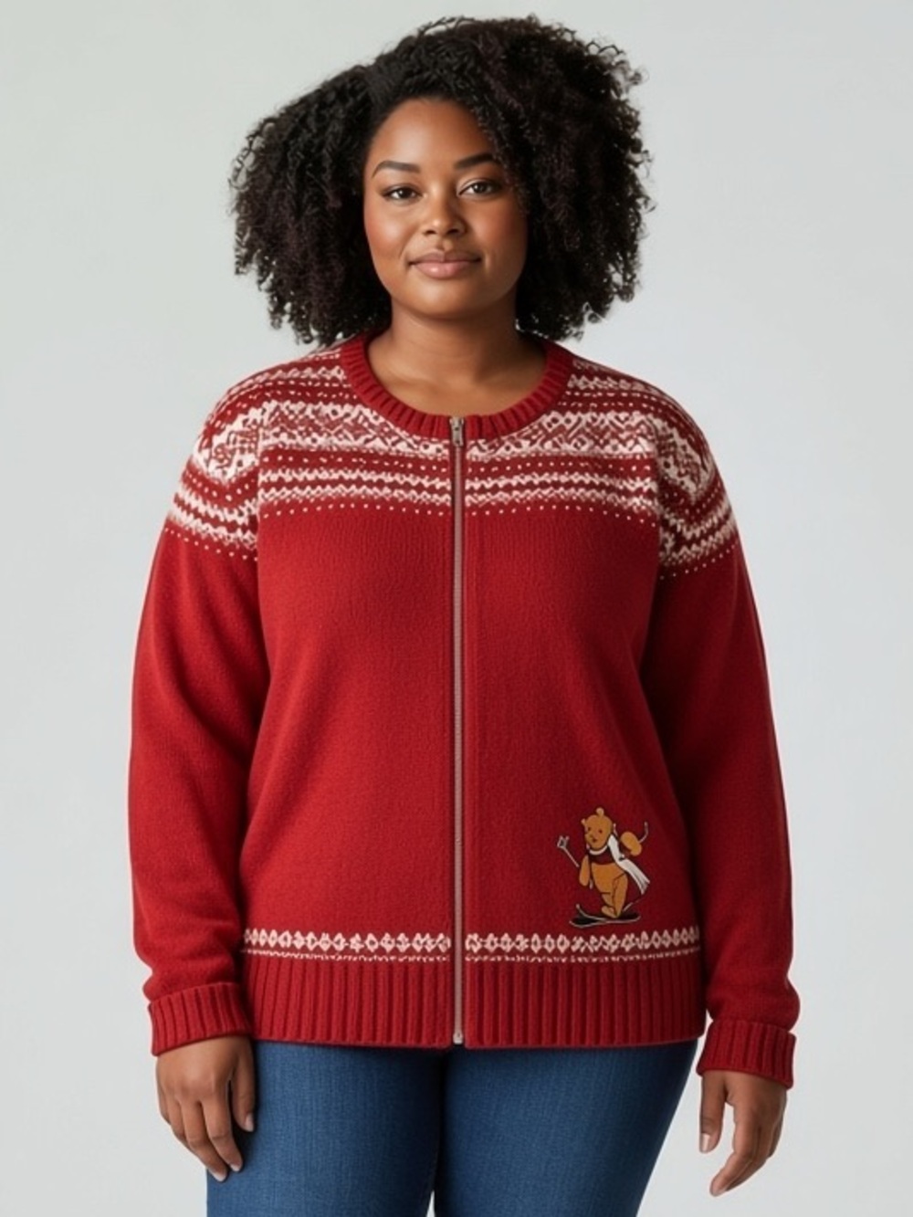 Vintage The Disney Store Red Zip-Front Fair Isle Sweater Winnie the Pooh Skiing